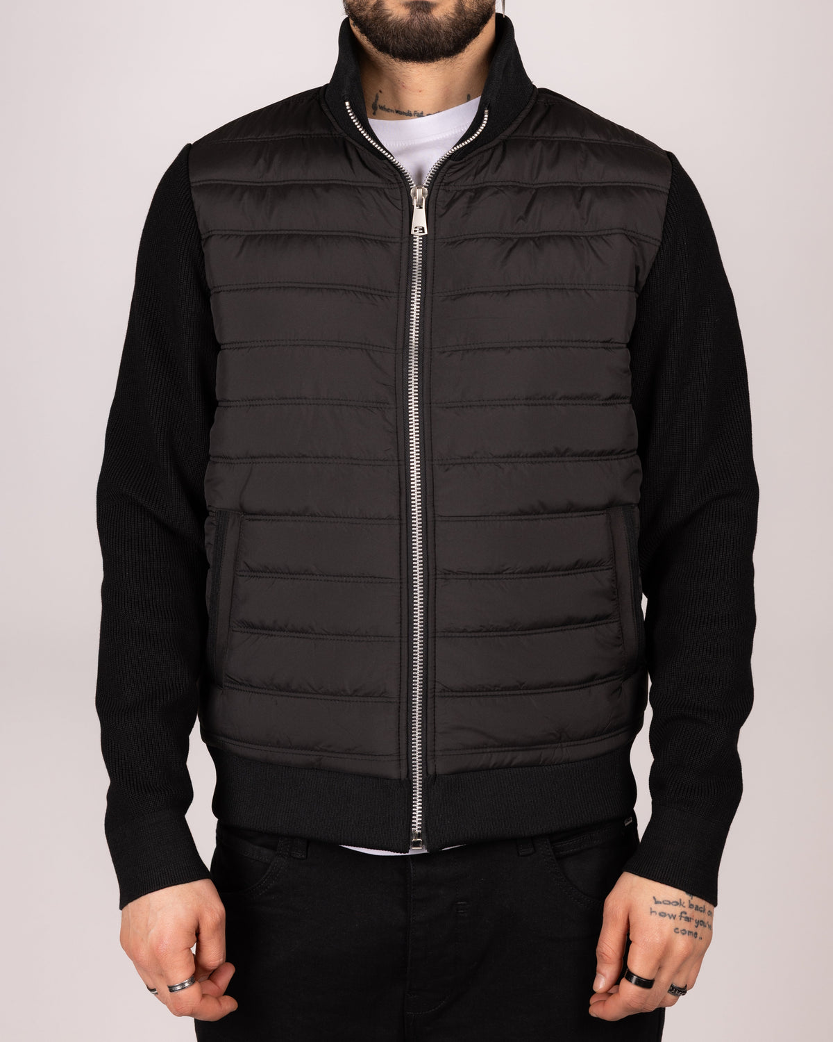 Quilted Zip Up Jacket With Knitted Sleeves