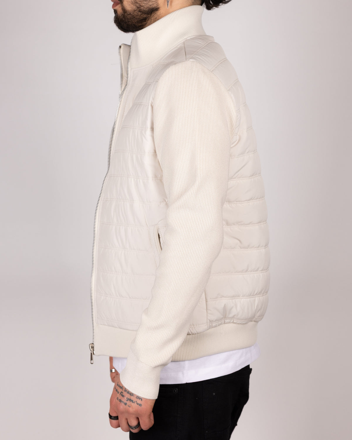 Quilted Zip Up Jacket With Knitted Sleeves